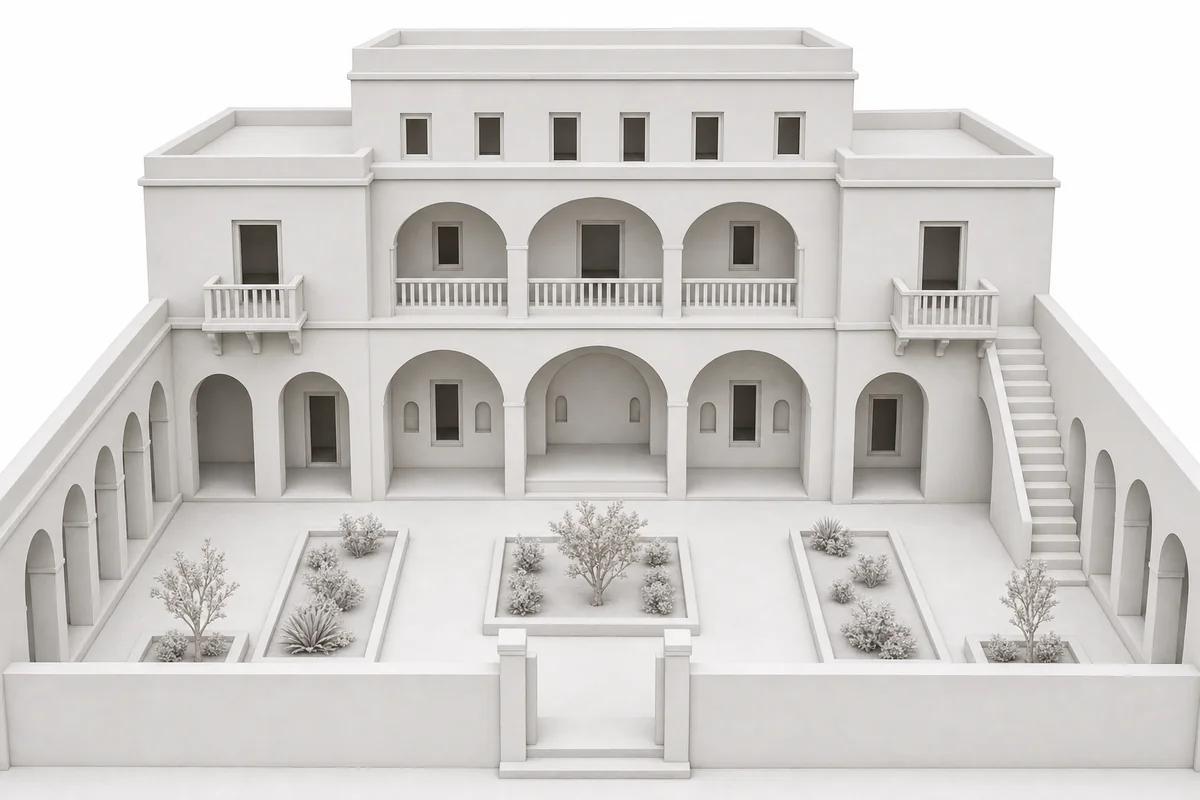 Neutral clay model of a stepped courtyard music house with arcades and roof terraces