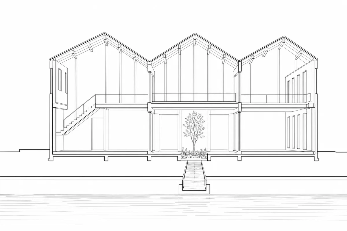 Neutral line section of a pitched-roof arts salon around a courtyard and reflecting channel