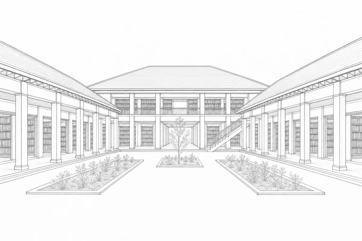 Neutral pencil perspective of a courtyard library with pitched roofs and shaded passages