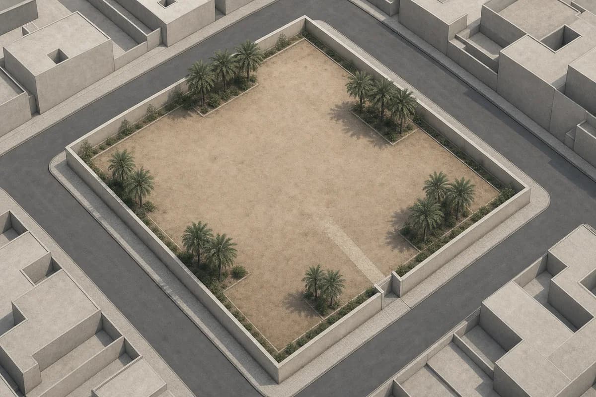 Neutral oblique aerial site diagram of an urban block with a vacant central parcel