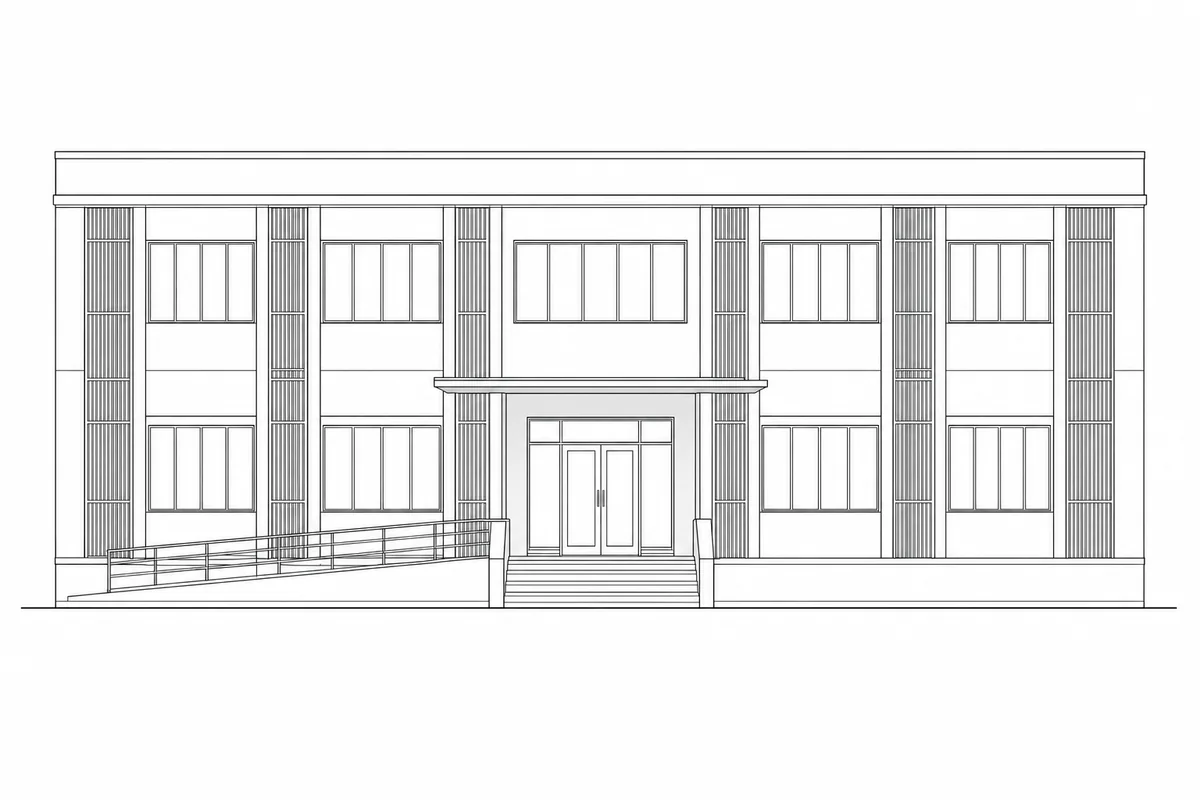 Neutral line elevation of a community clinic with screened bays and an accessible entrance