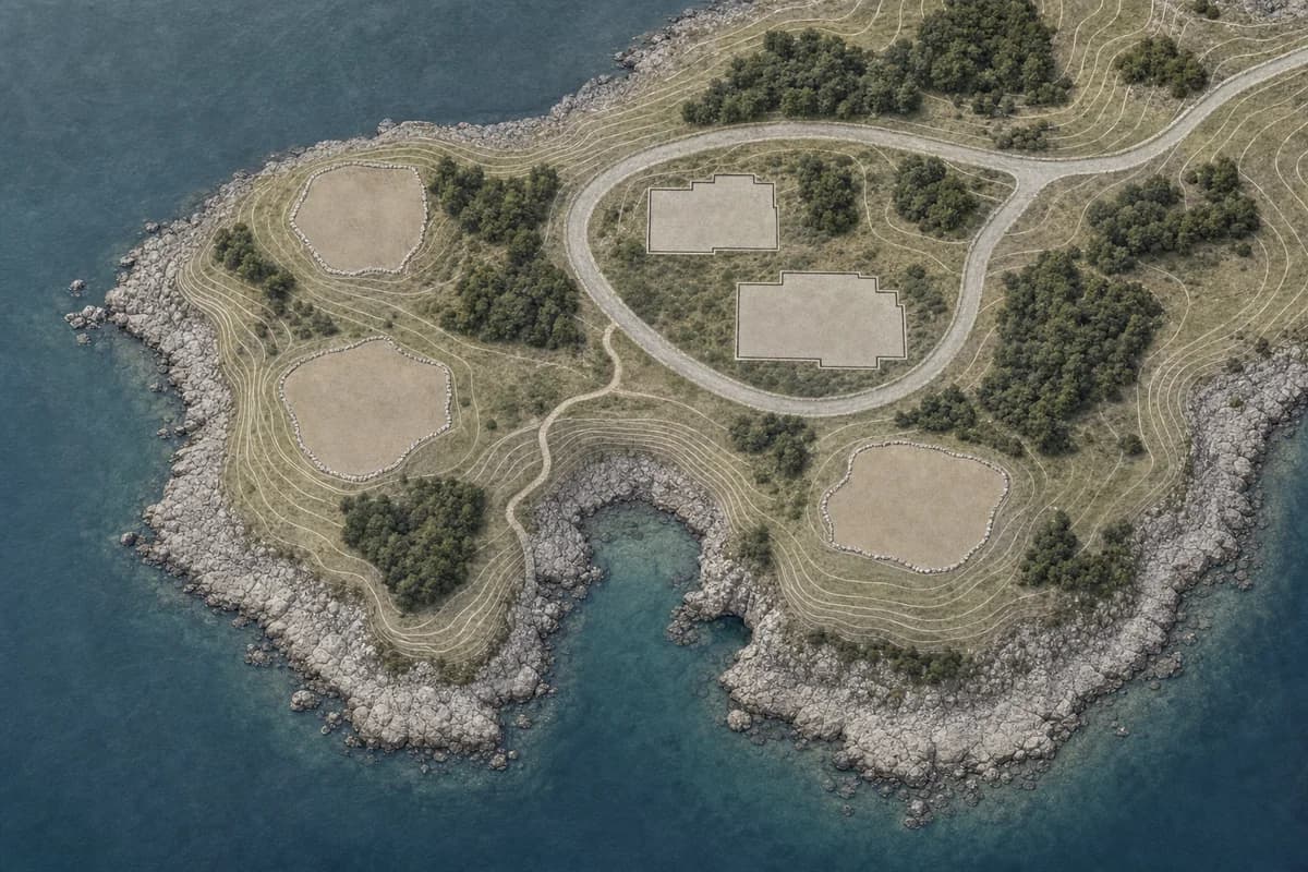 Neutral oblique aerial site diagram of a coastal inlet with three vacant pads