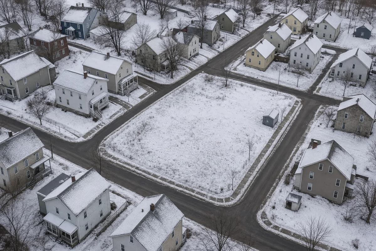 Fictional neutral winter aerial of a compact village
