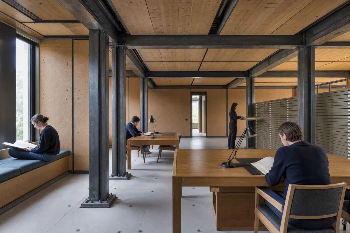 Readers occupy a modular archive room of reclaimed steel, timber, and cork.