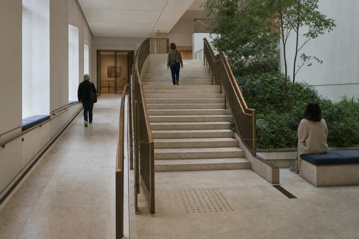 A second candidate of the same museum stair garden with identical camera, geometry, activity, time, lighting, and conditions.