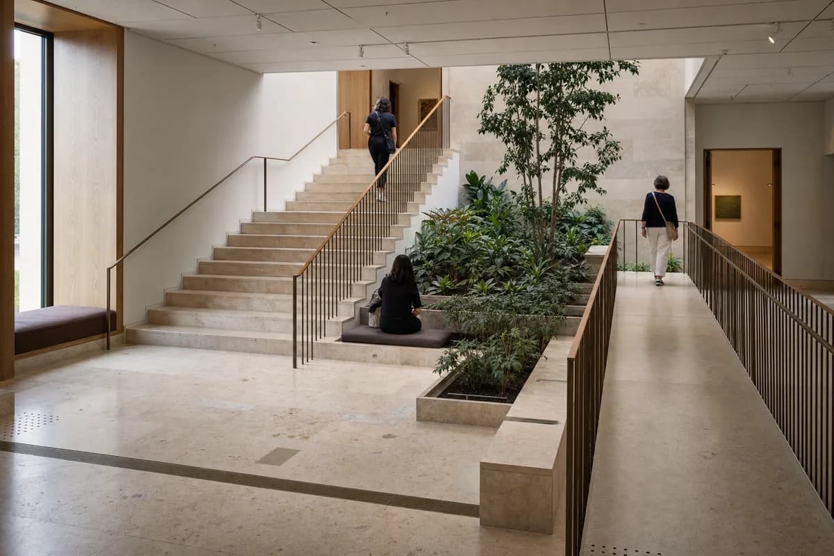 Visitors move through a travertine museum stair garden beside an accessible ramp.