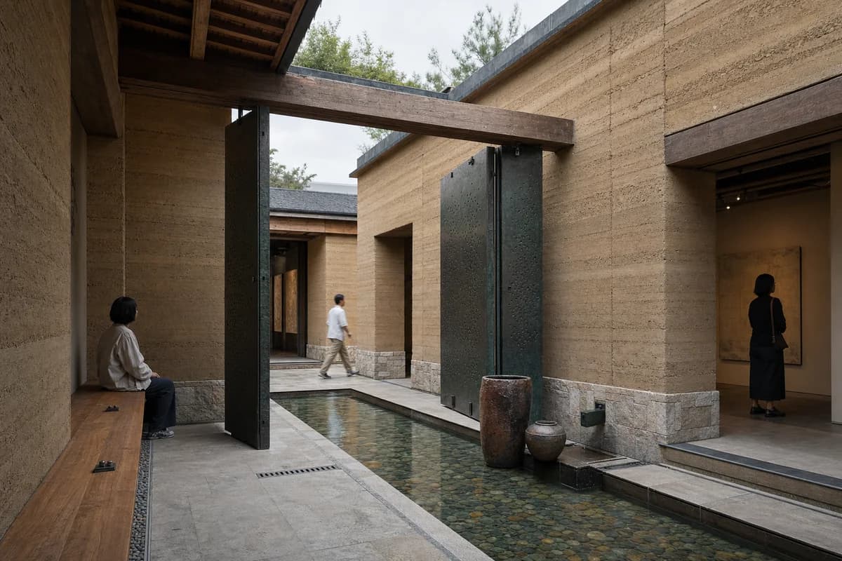 Visitors move through a shaded earth-walled gallery court beside water.
