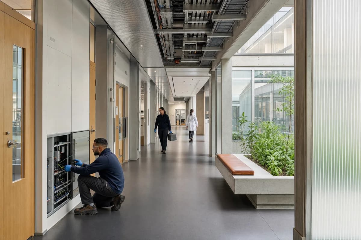 Staff move through a daylit research corridor with exposed maintainable systems.
