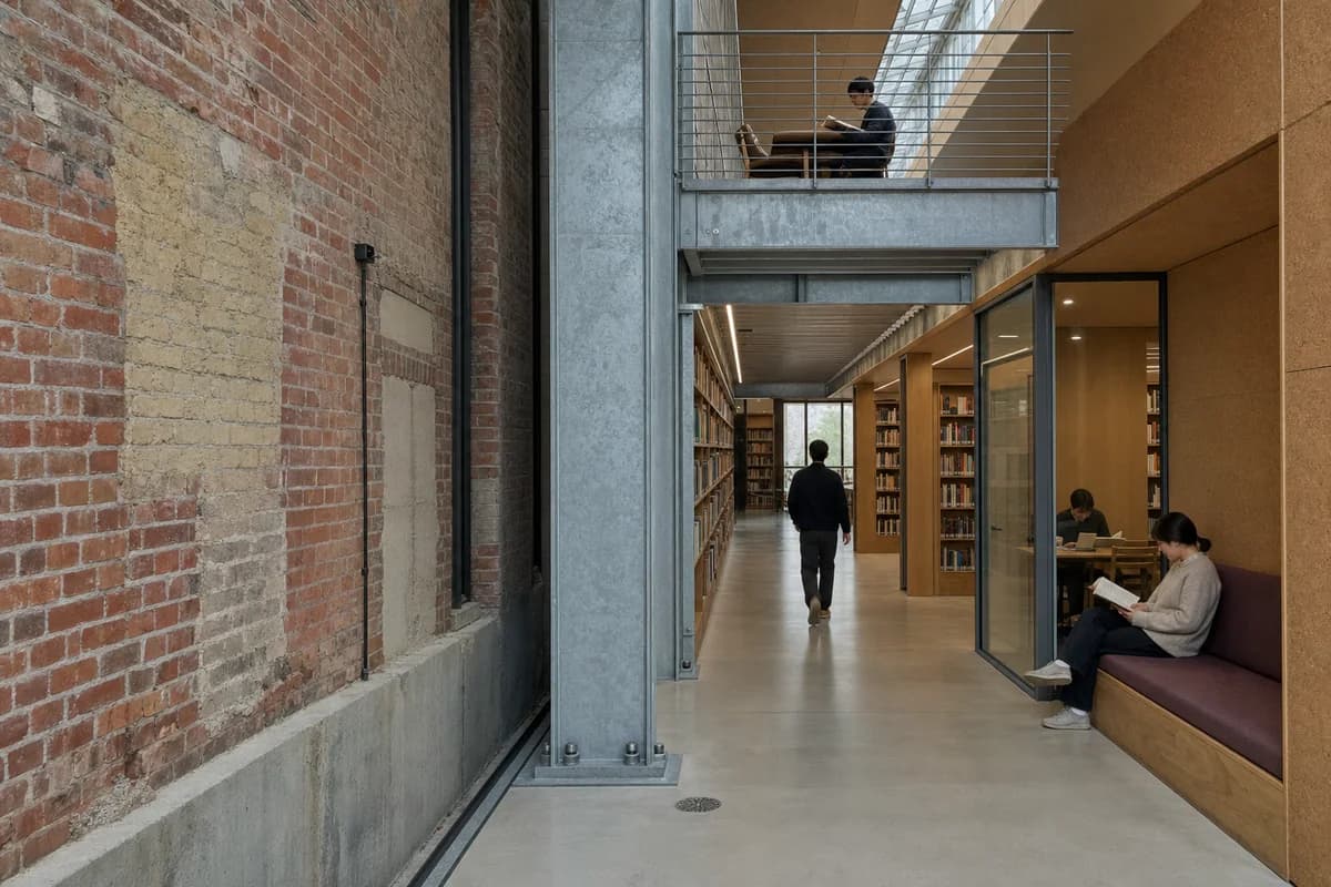 Readers occupy an oak and galvanized insertion beside repaired brick walls.
