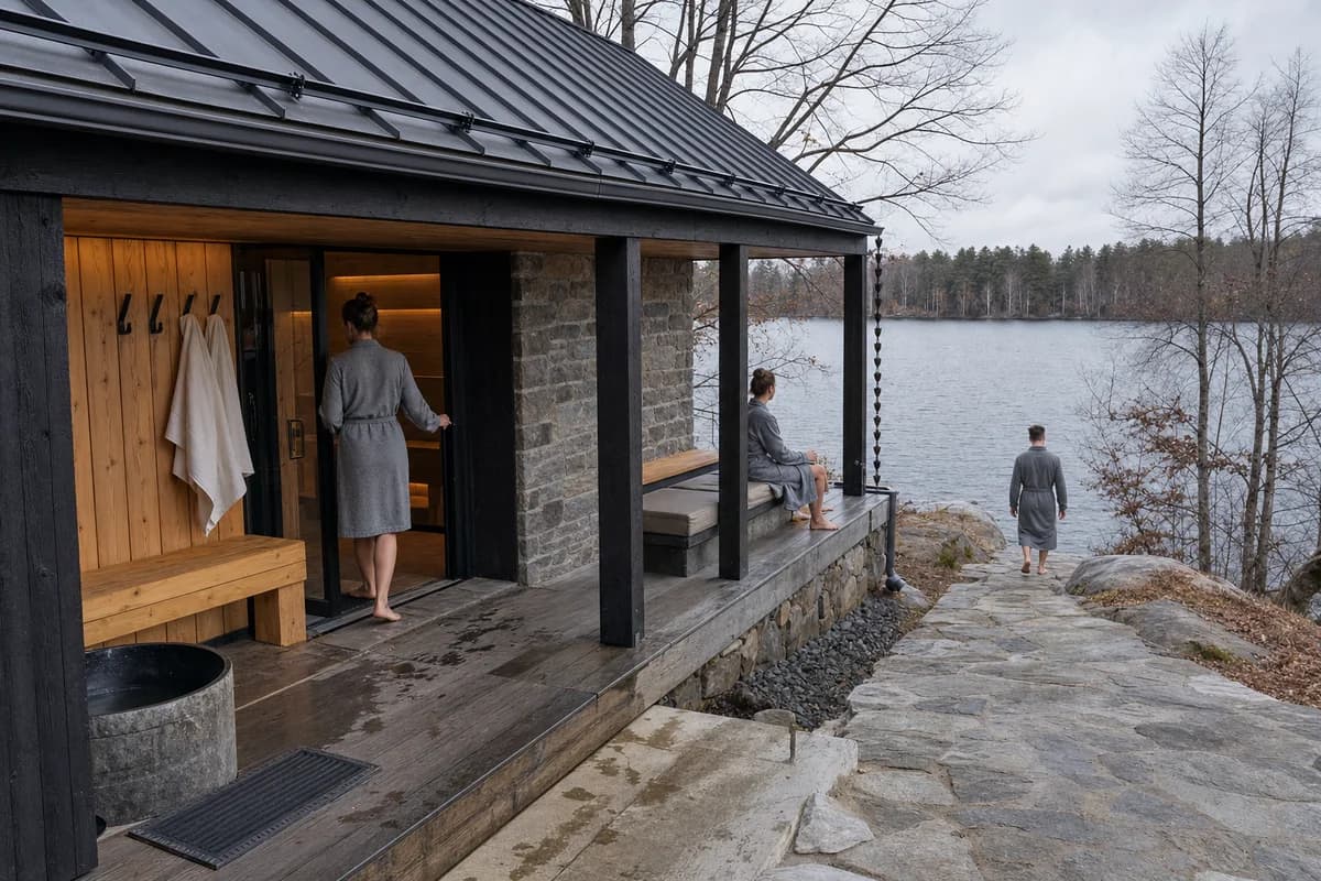Visitors use the weathered timber threshold of a lakeside sauna.
