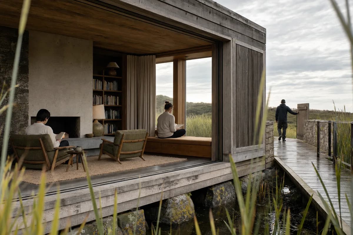 Readers occupy a weathered timber room overlooking a wetland.