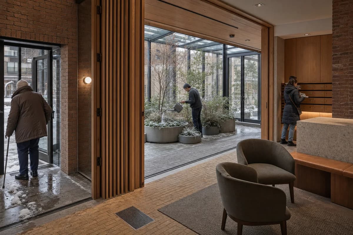 A second candidate of the same winter garden lobby with identical camera, geometry, activity, time, lighting, and conditions.