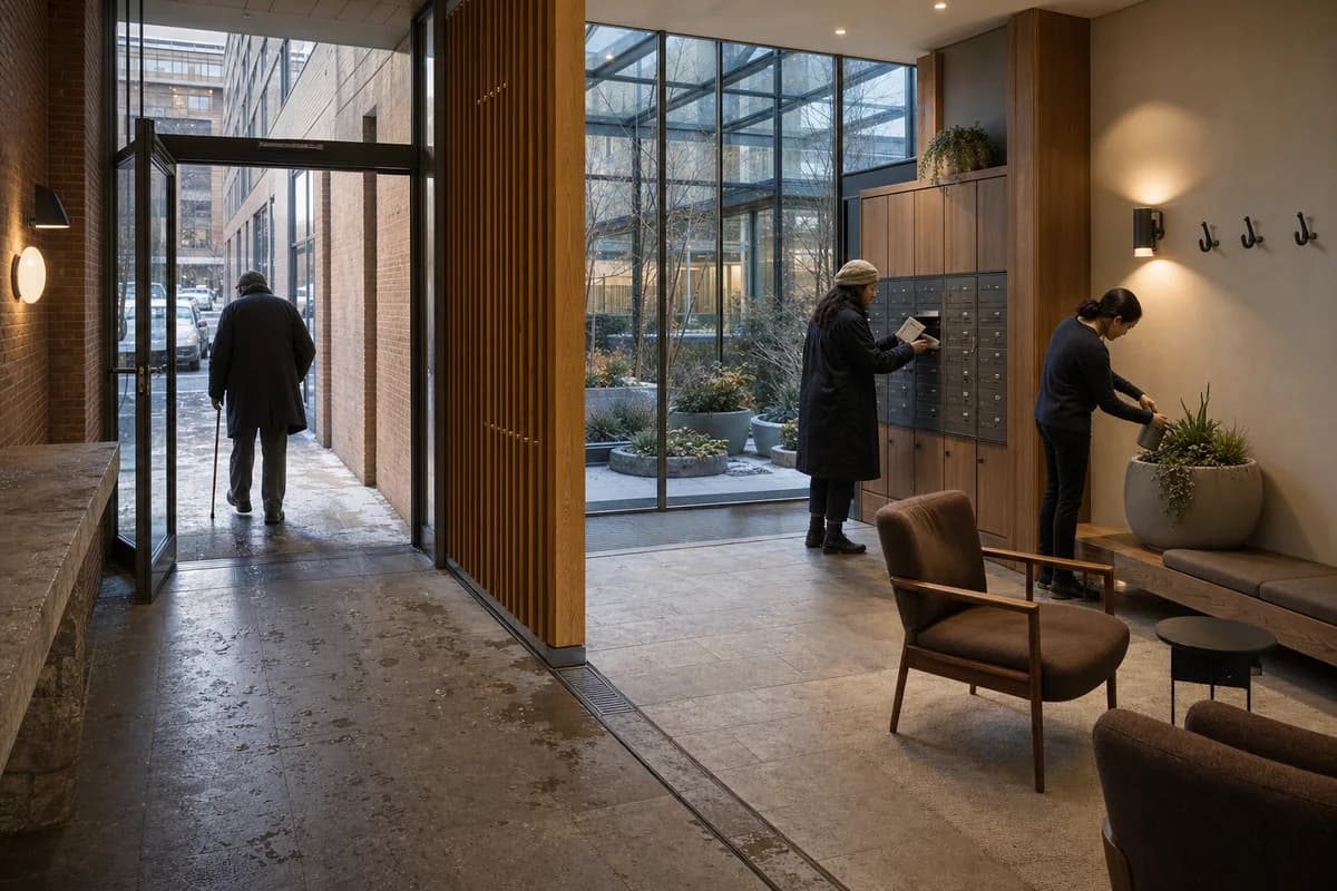 Residents use a planted apartment lobby during a thawing winter afternoon.