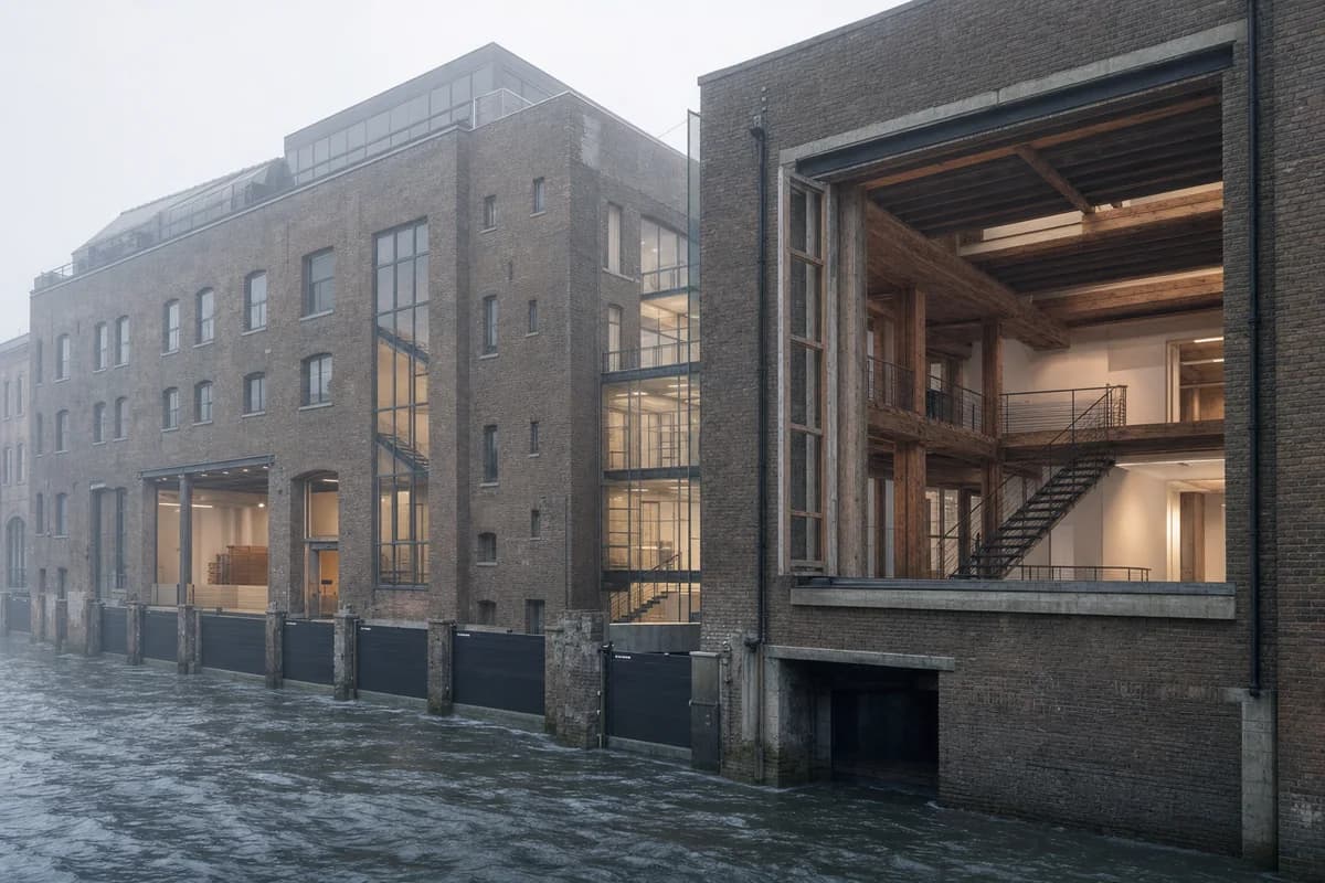 Repaired brick canal block with new glazed courts in winter fog.