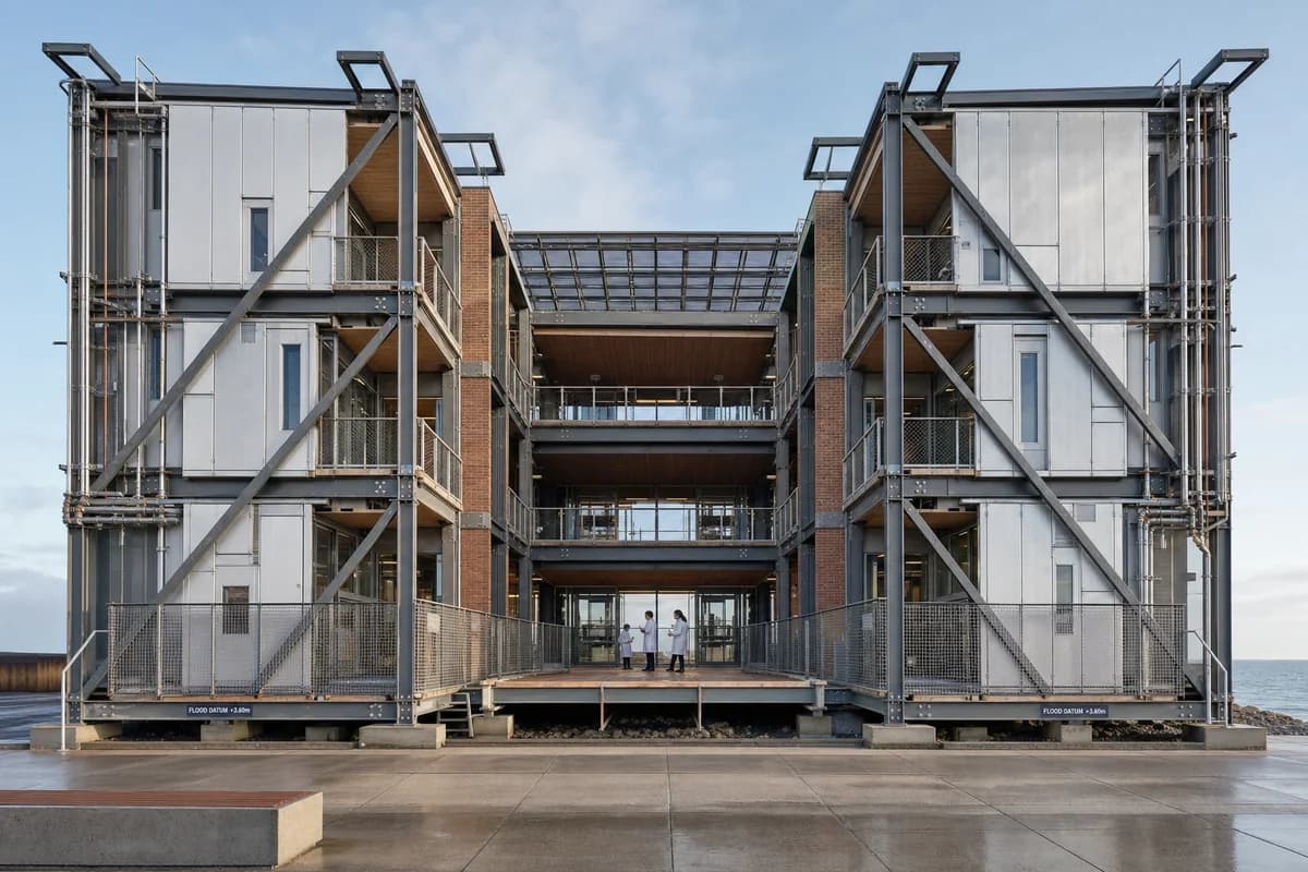 Disassemblable tidal materials institute with a sheltered court and salt-weathered facade.