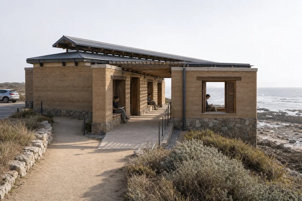 Earth-walled coastal reading terrace with deep shaded openings and salt-resistant shutters.