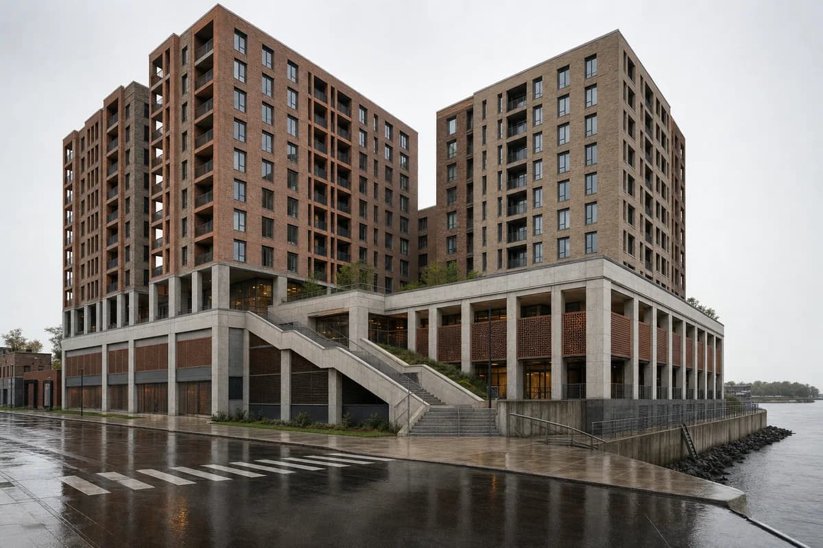 Brick riverfront housing above a flood-ready concrete civic podium.