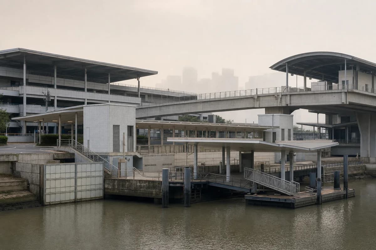 Precast river ferry interchange beneath deep roofs in dawn mist.