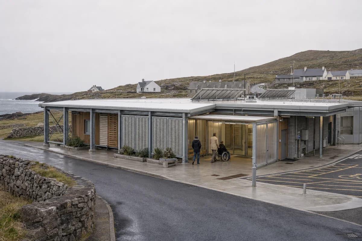 Low modular island care hub with sheltered entrances above an exposed coast.