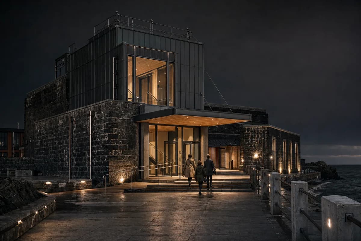 Coastal performing arts house with a sheltered foyer under restrained practical night lighting.