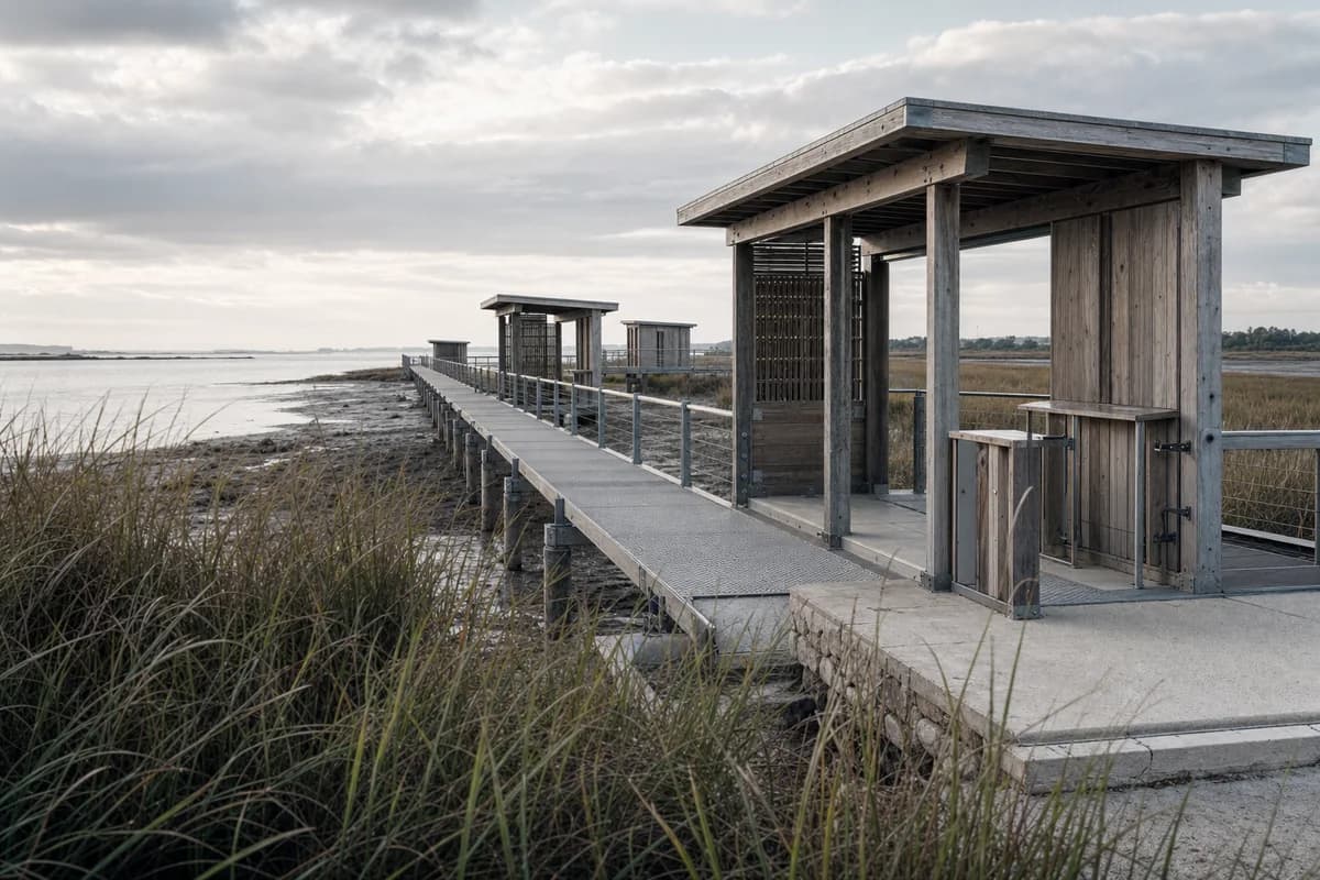 Unoccupied raised salt-marsh research walk with weathered timber pavilions and exposed tidal structure.