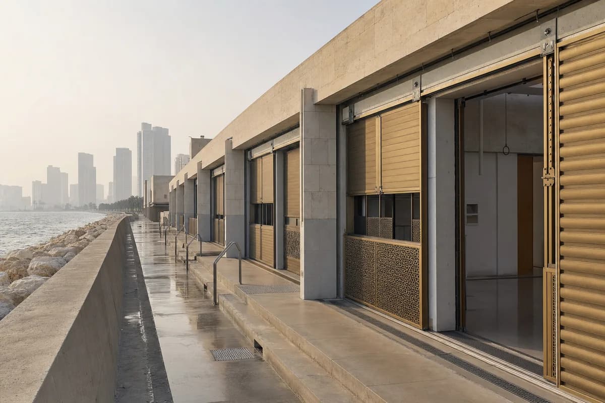 Limestone cultural rooms integrated into a hazy metropolitan seawall.