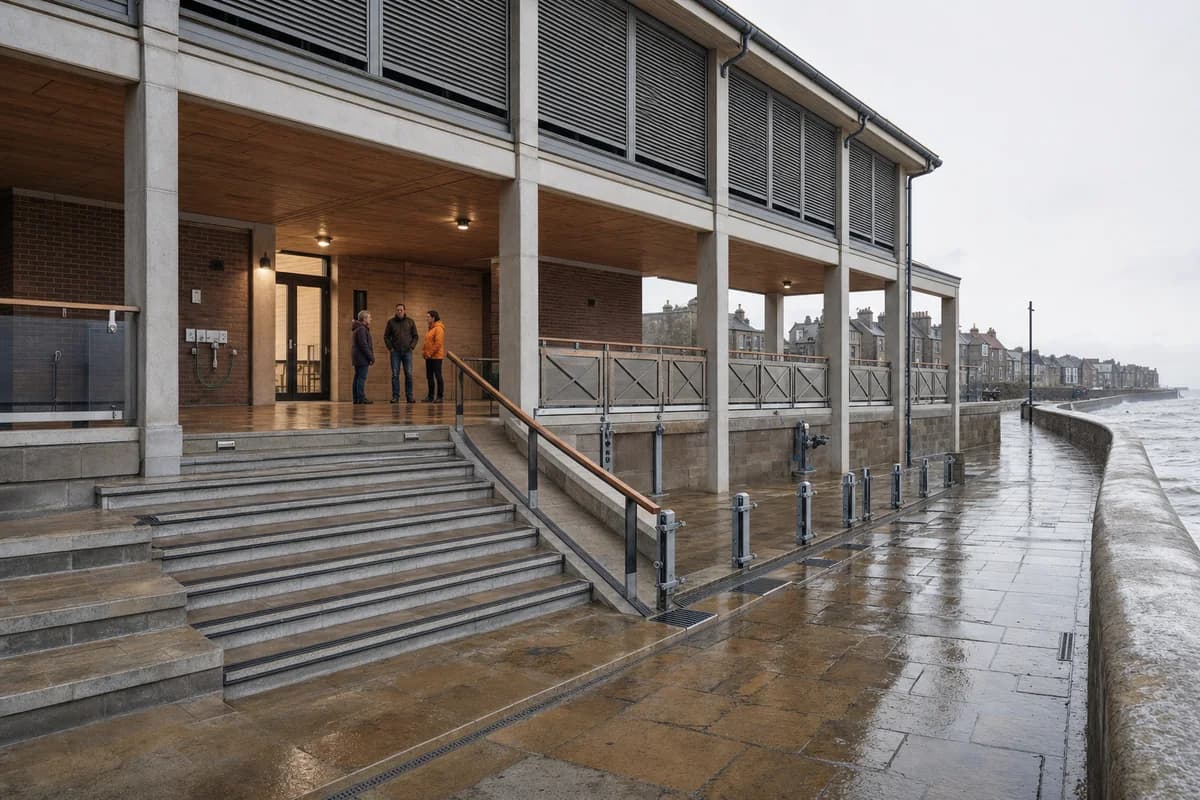 Raised coastal emergency assembly hall and protected loggia after a storm.