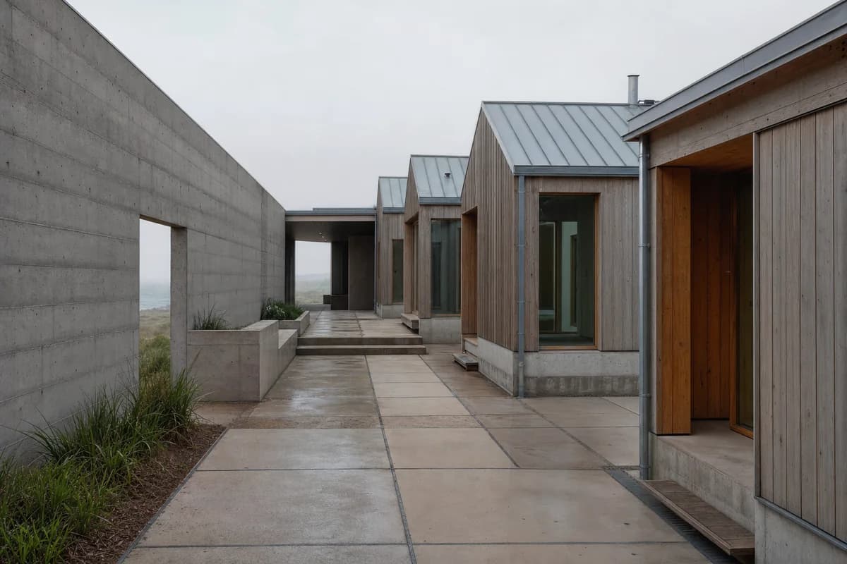 Timber art-residency rooms protected by a concrete wall in coastal fog.