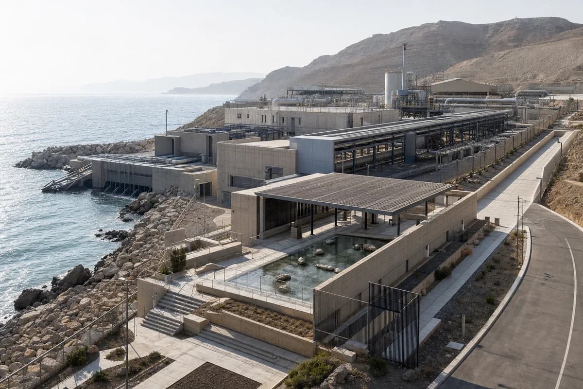 Mineral concrete desalination learning center beside shaded process halls.