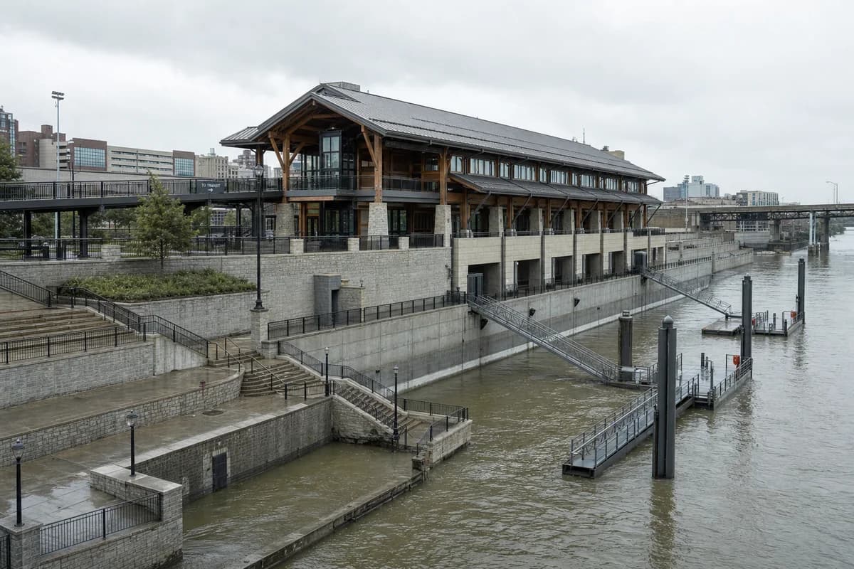 Elevated timber river terminal above stone terraces at seasonal high water.