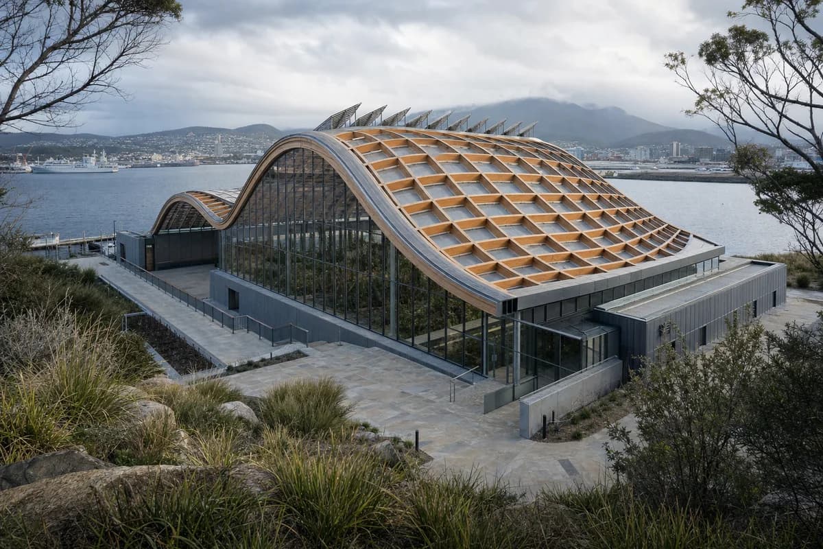 Mass-timber conservatory beside Hobart waterfront under cool cloud.