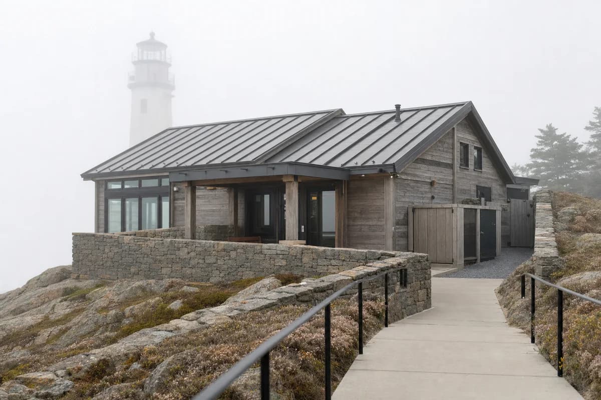 Low timber lighthouse visitor center emerging from dense sea fog.