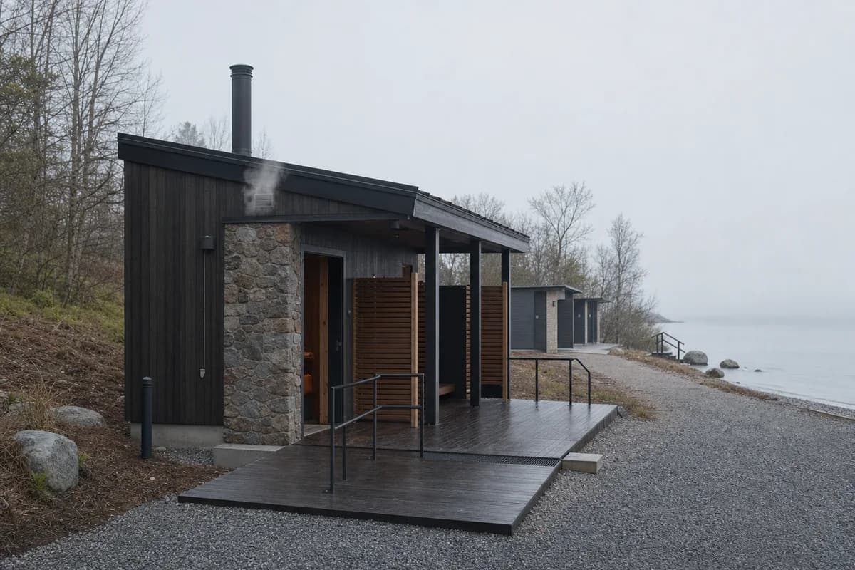 Dark timber lakeside sauna merging with dawn fog and light steam.