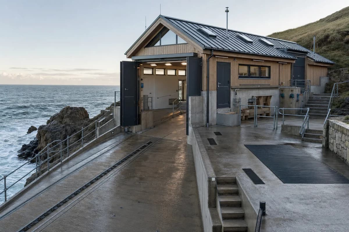 Concrete and timber lifeboat station at clear sunrise after rough seas.
