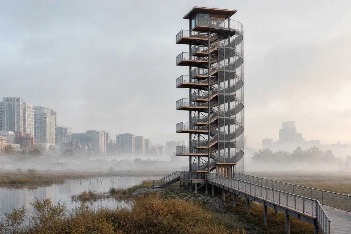 Screened wetland interpretation tower emerging through urban marsh mist.