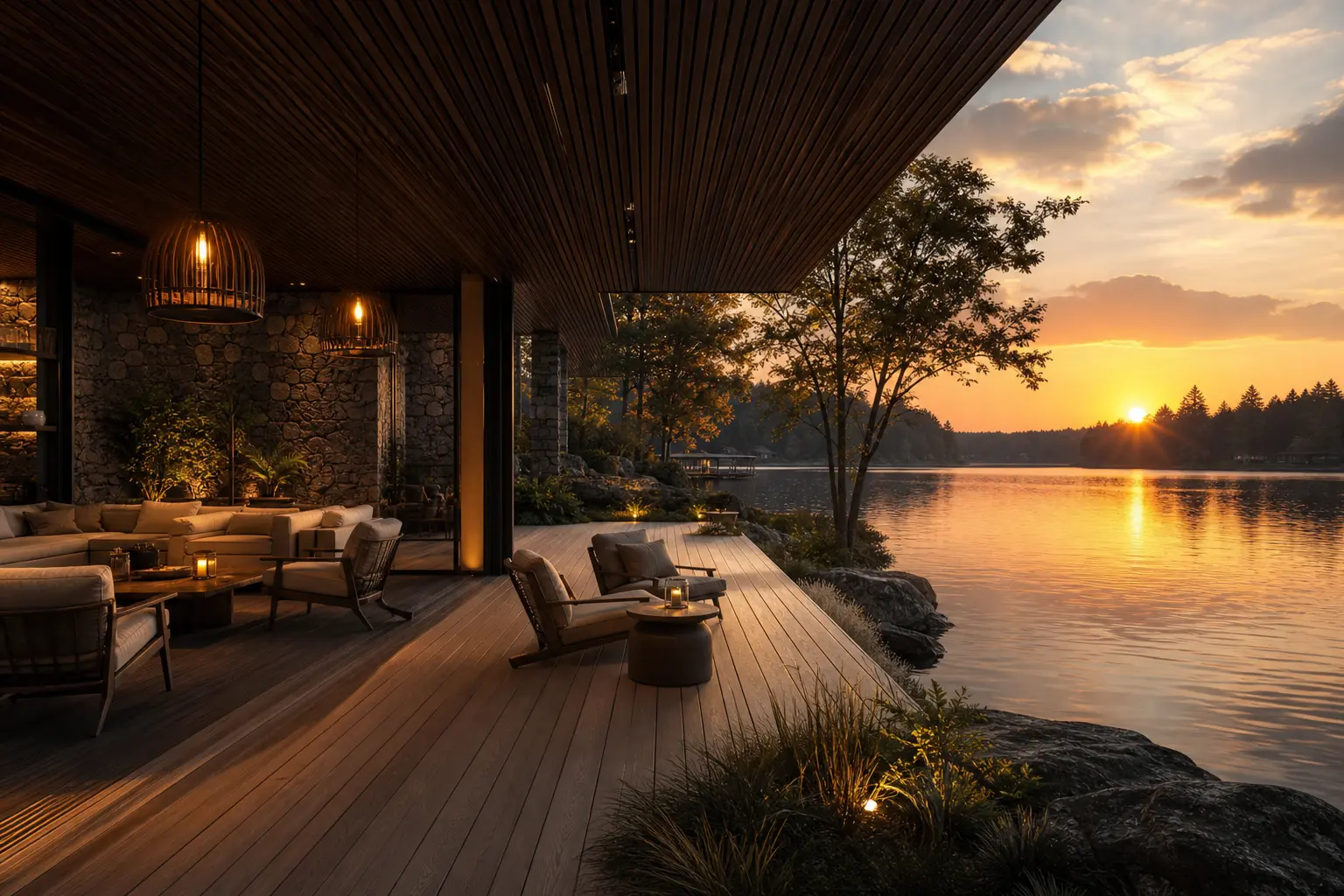 Finished waterfront pavilion render with clear details available for local edits