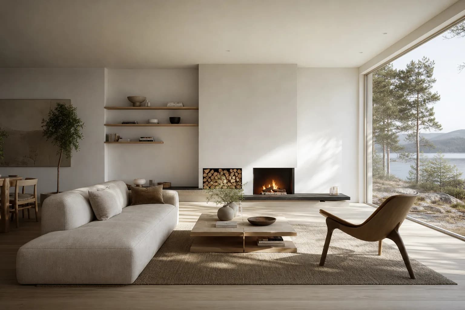 Nordic living room render with Scandinavian furniture and clear daylight