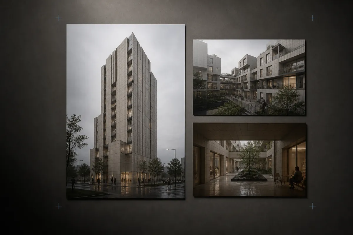 Three reviewed architectural render outcomes pinned together