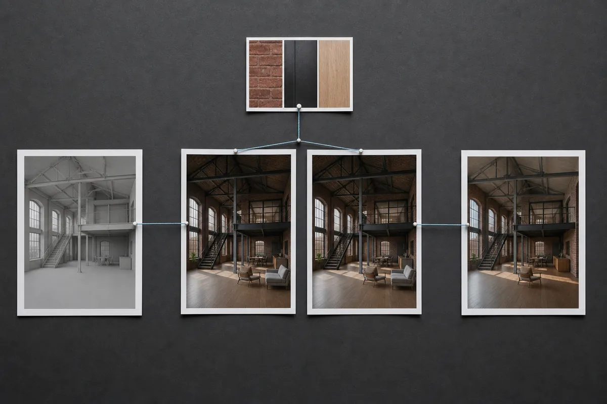 Architectural renders arranged to explain distinct image roles