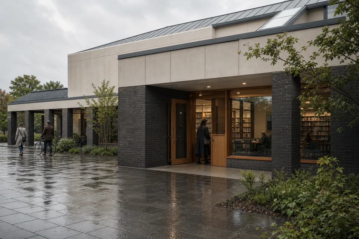 A finished courtyard render produced from a structured brief