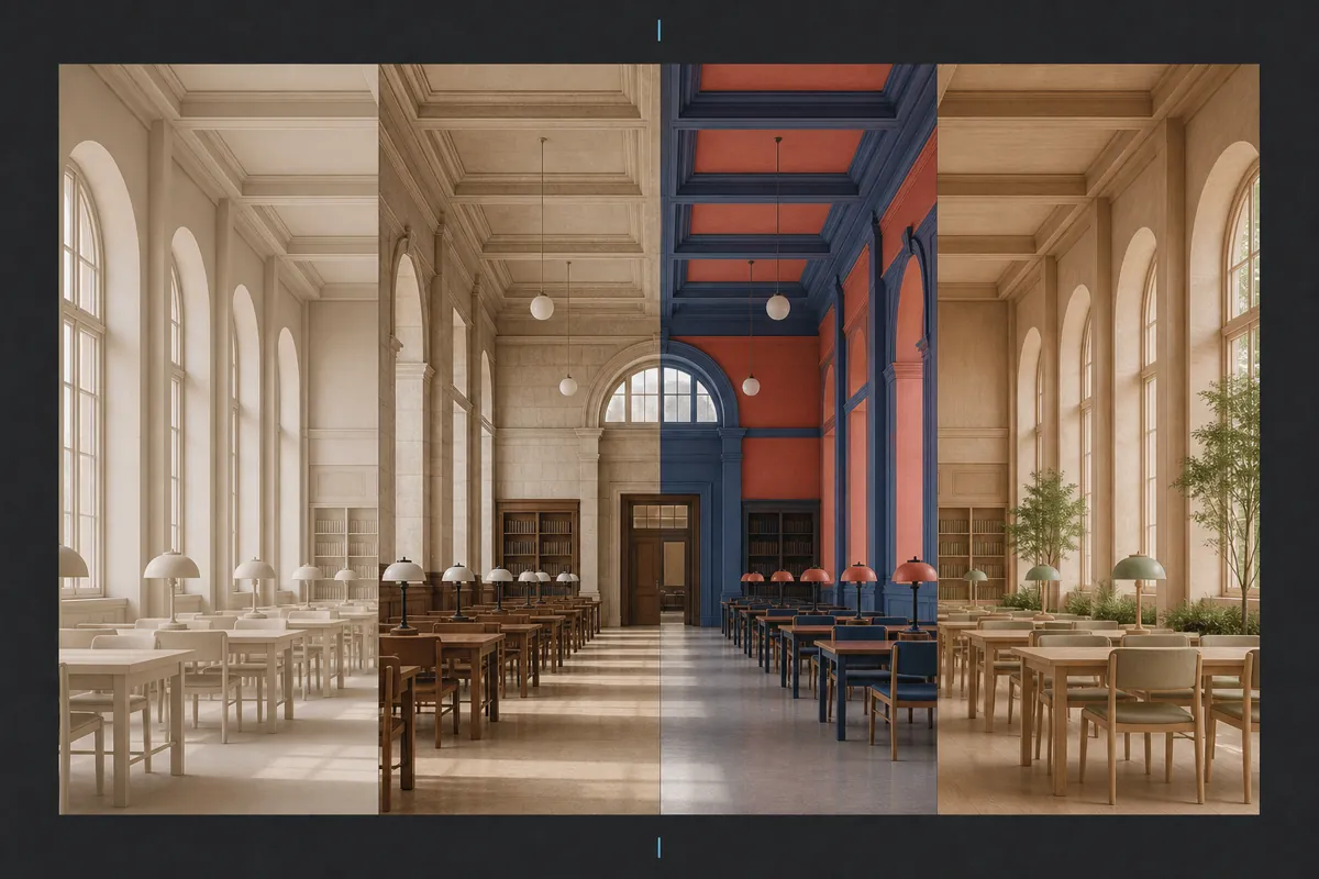 One architectural scene shown in distinct rendering styles