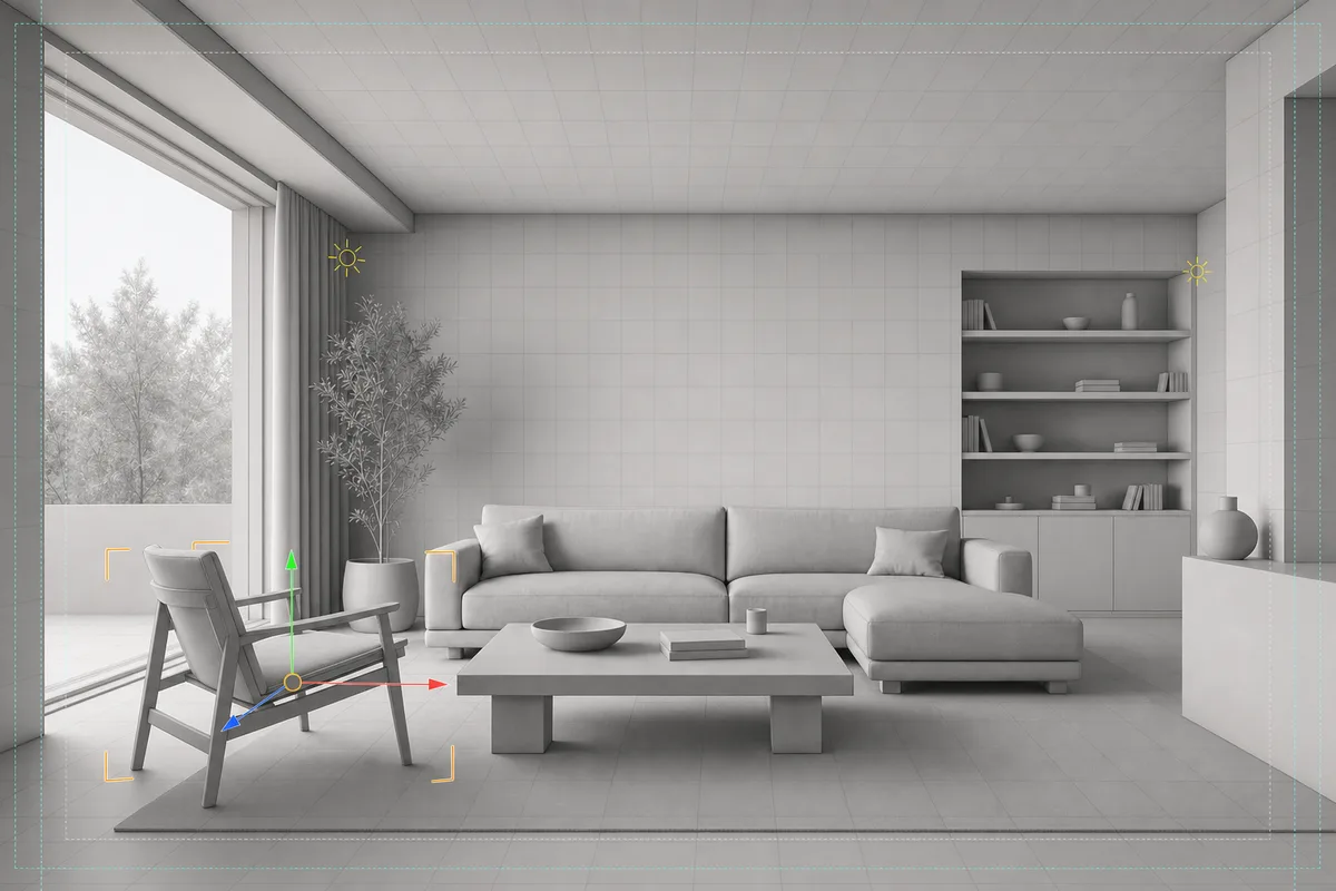 Synthetic 3ds Max-style viewport with grid, helper icons, and a selected object left visible