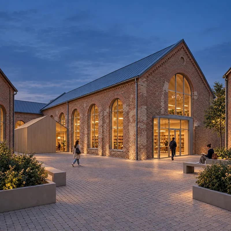 The same adaptive reuse library at blue hour with the entrance and retained brick still legible
