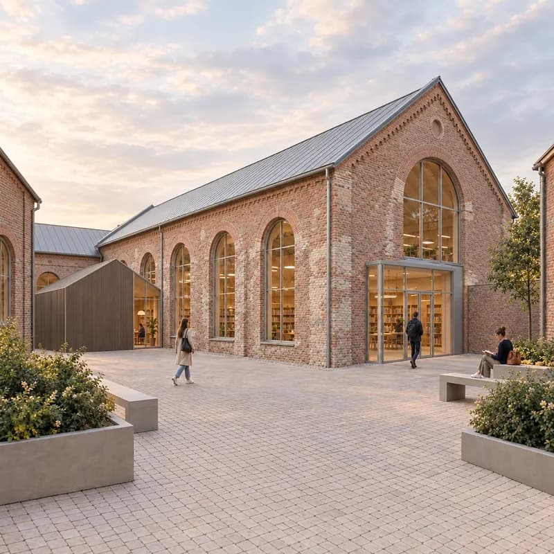 The same adaptive reuse scene with a darker freestanding timber insertion and clear shadow gaps