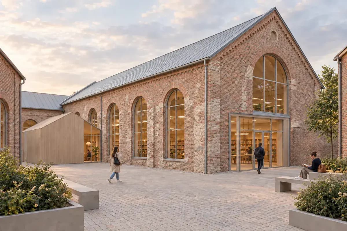 Focused adaptive reuse edit at the junction between a new oak entrance and retained brick