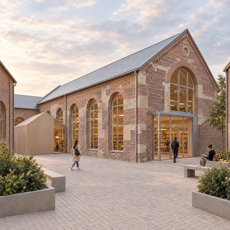 The same adaptive reuse scene with retained brick repairs and building scars made more legible