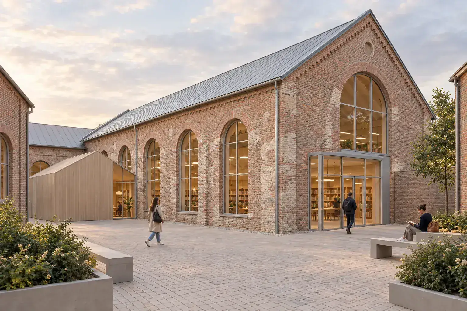 Finished adaptive reuse render of the same retained brick workshop as a neighborhood library