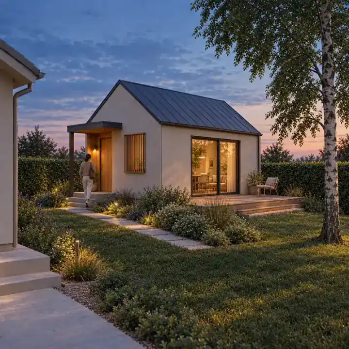 The same garden ADU at blue hour with restrained entry and path lighting