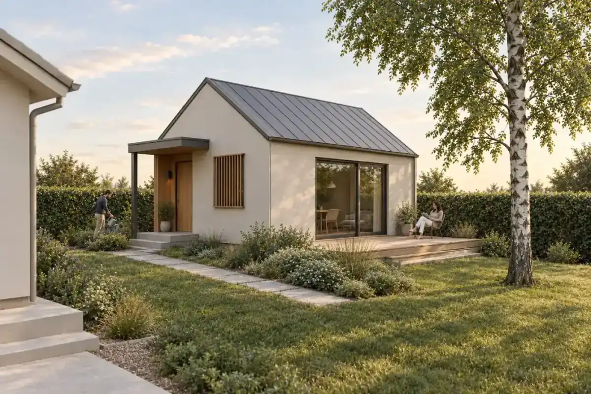 Finished daylight render of a compact garden accessory dwelling unit