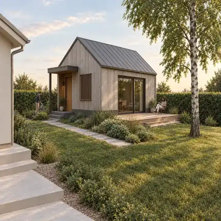 The same garden ADU in silvered timber with a dark mineral plinth